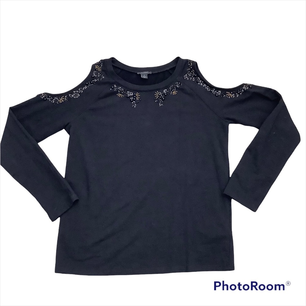 HALOGEN BEADED COLD SHOULDER BLACK LONG SLEEVE TOP SIZE MEDIUM